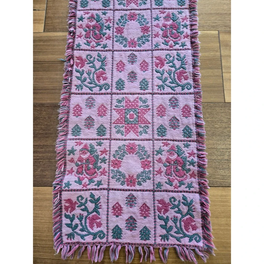 Vintage Woven Christmas Table Runner Reversible Pink Green Santa Fringe 70in